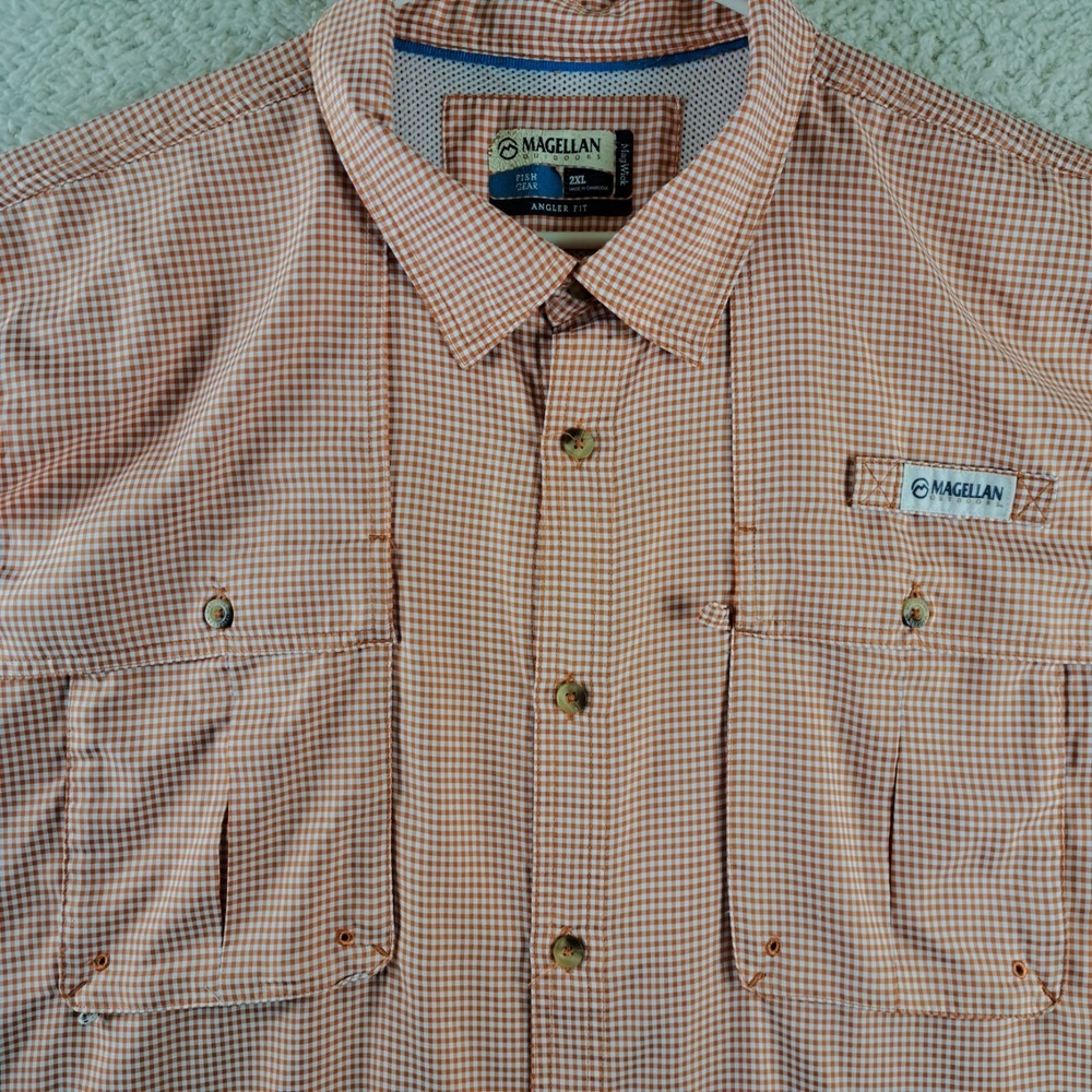 Magellan Fish Gear Shirt Mens 2XL Angler Fit Mag Wick Fishing Vented Orange Chec